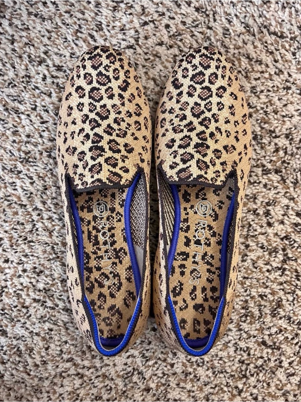 Rothy’s Leopard Print Slip-On Flats with Blue Trim